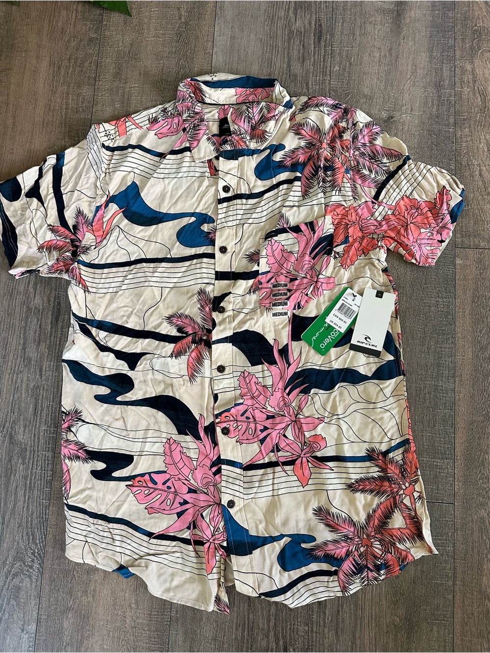 Men's Rip Curl Short Sleeve Floral Button-Up Shirt - Pink & Navy
